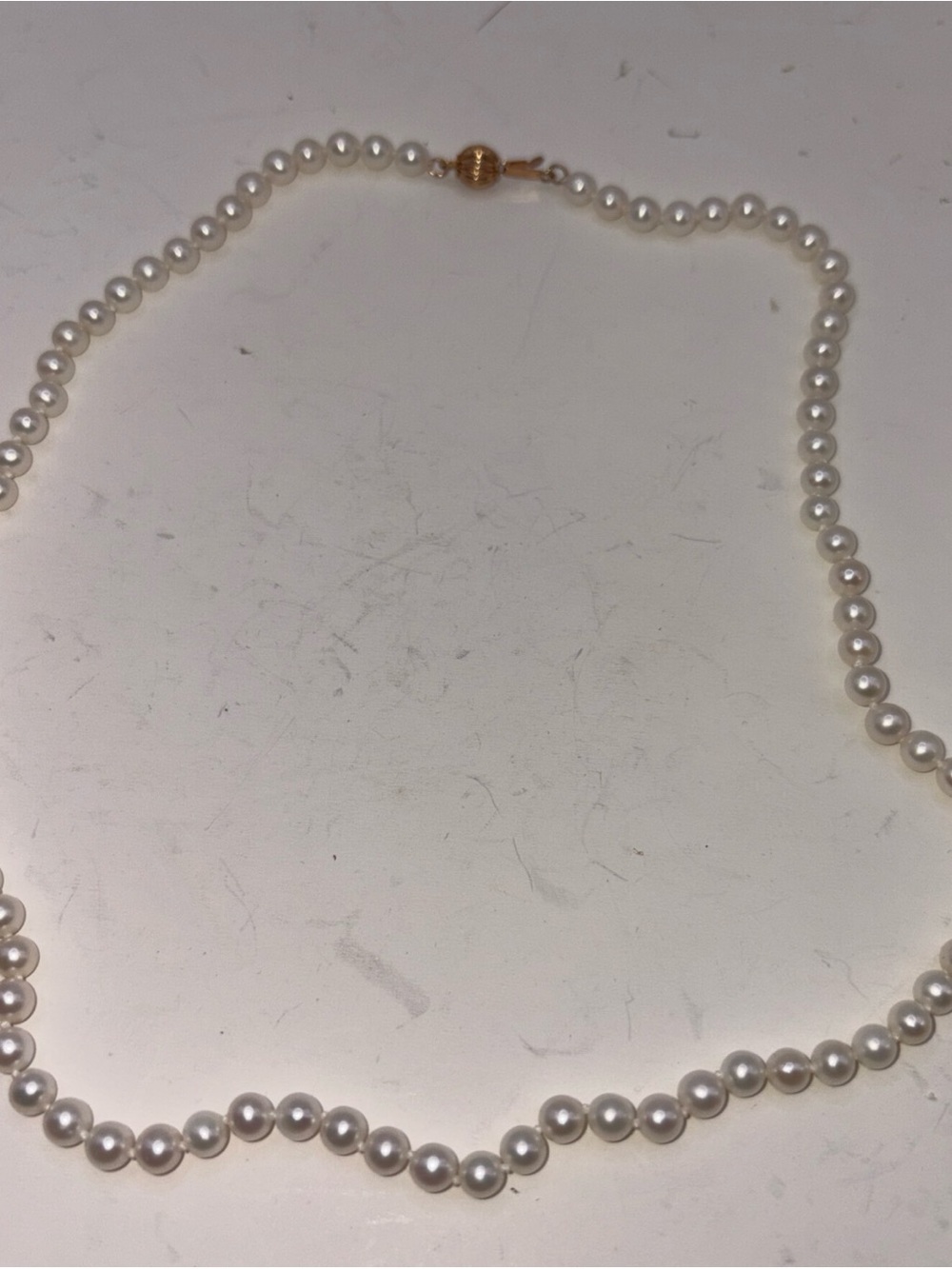 White Freshwater Pearl Necklace Strand 14 K Yellow Gold Clasp Knotted 17''